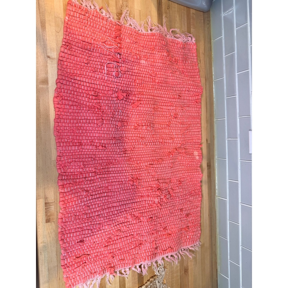 Handwoven Coral Pink Rag Rug Boho Farmhouse Textured Accent Mat 18.5x28